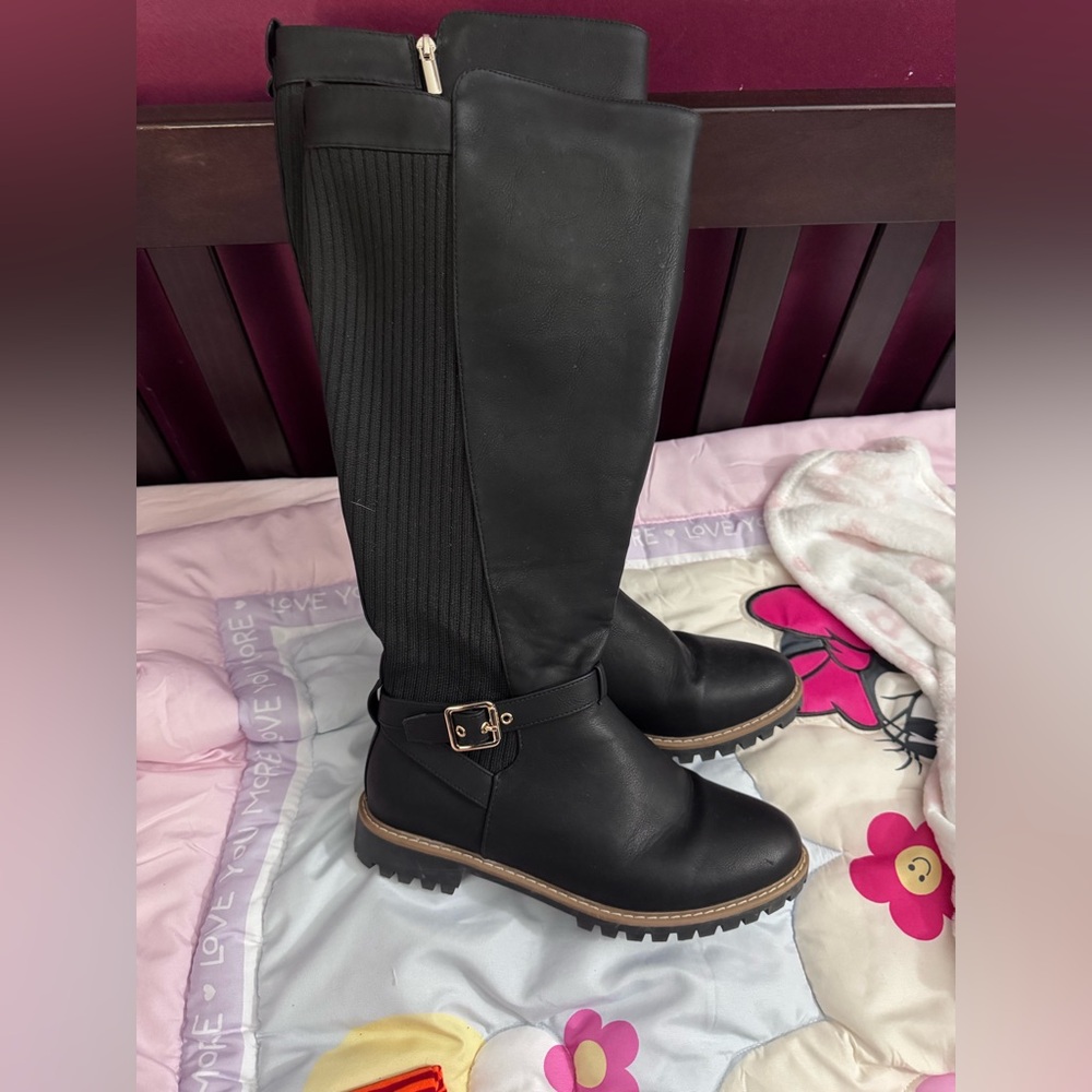 Black Knee-High Boots with Buckle